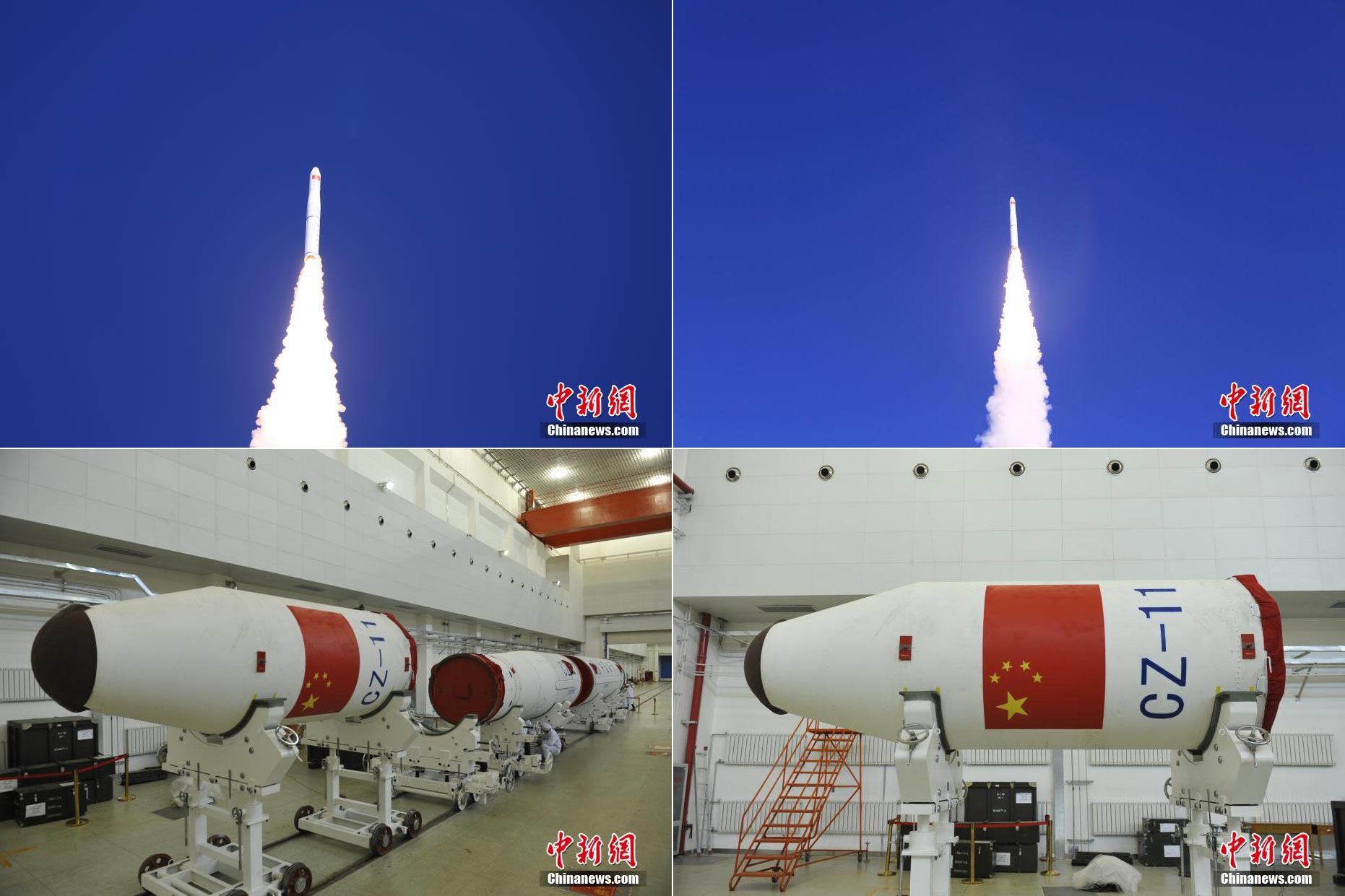 北京时间1月21日13时42分，中国在酒泉卫星发射中心用长征十一号运载火箭，以一箭四星方式，成功将“吉林一号”光谱0102星和搭载的“灵鹊-1A”星、“潇湘一号”03星发射升空，卫星均进入预定轨道。朗文海 摄
